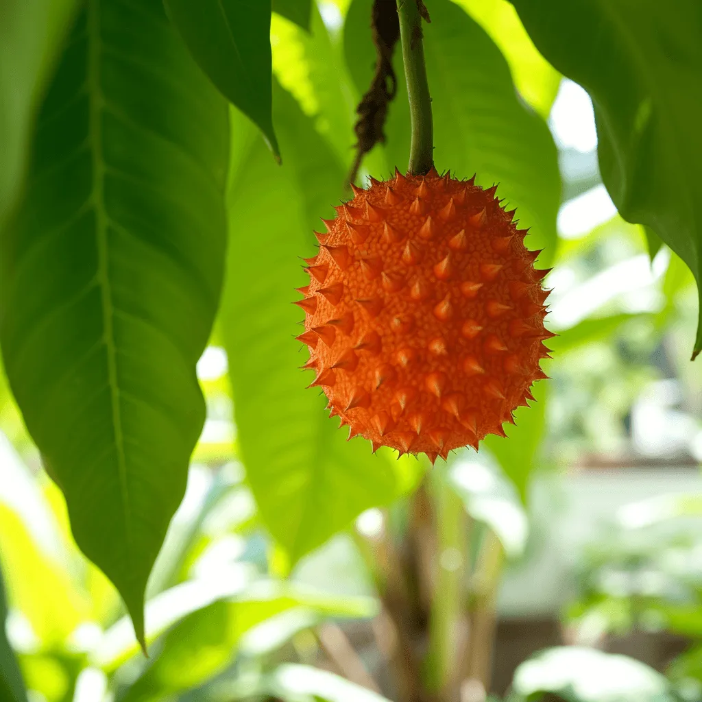 Momordica cochinchinensis gyümölcsök a kertben